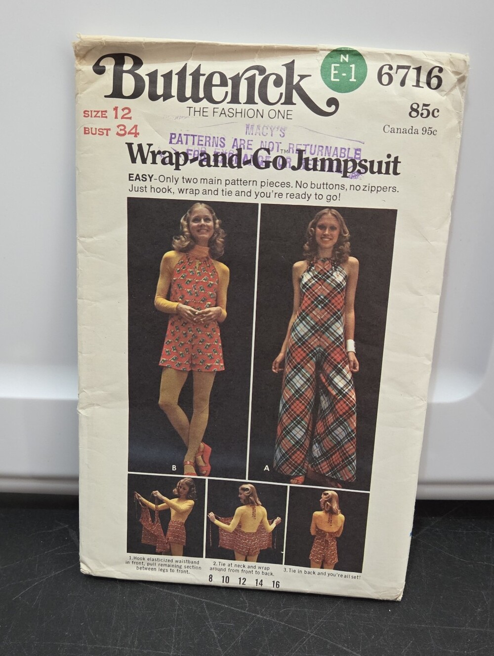 Butterick Vintage 6716 1970 Jumpsuit Size 12  Vtg Sewing Pattern Dress Belt